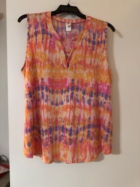 Sew In Love Sleeveless Tie-Dye Split-Neck Tank - Pink Orange Blue